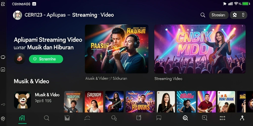 Antarmuka CERI123 dengan pilihan video streaming musik yang menarik.